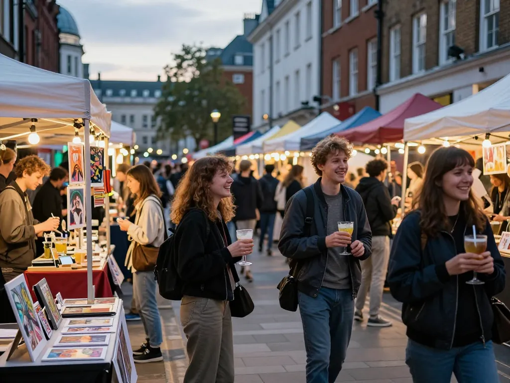 Best things to do in London featuring a vibrant street market with young adults enjoying food and art.
