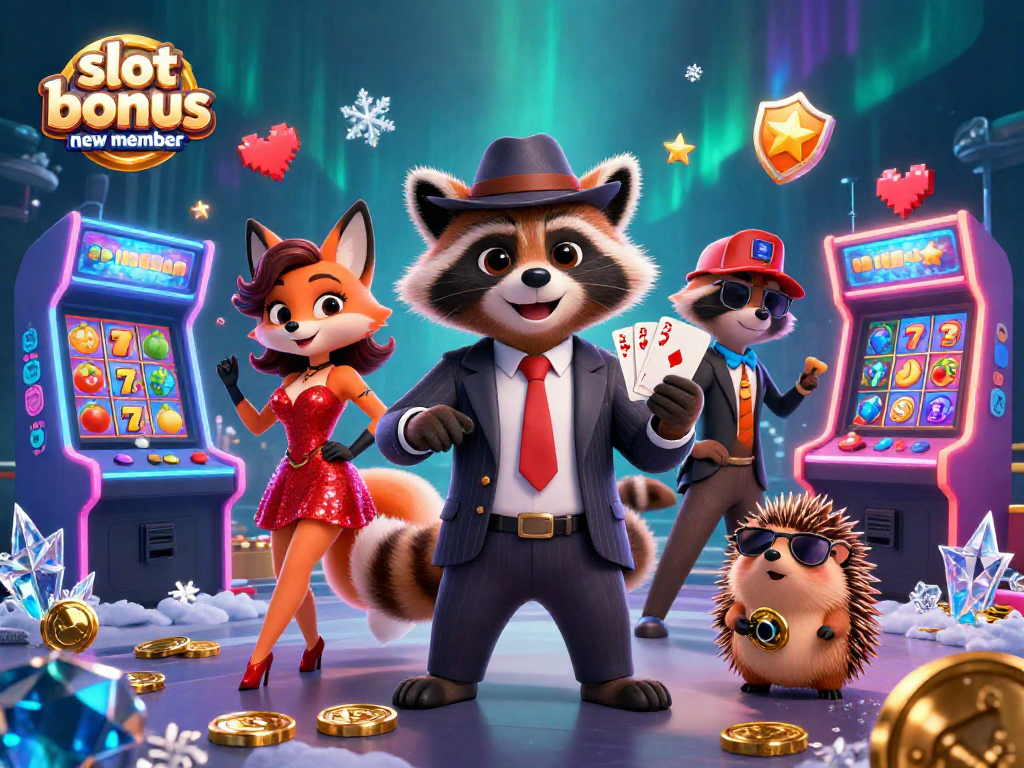 Play exciting slot bonus new member games with raccoon, fox, and hedgehog in 3D illustration.