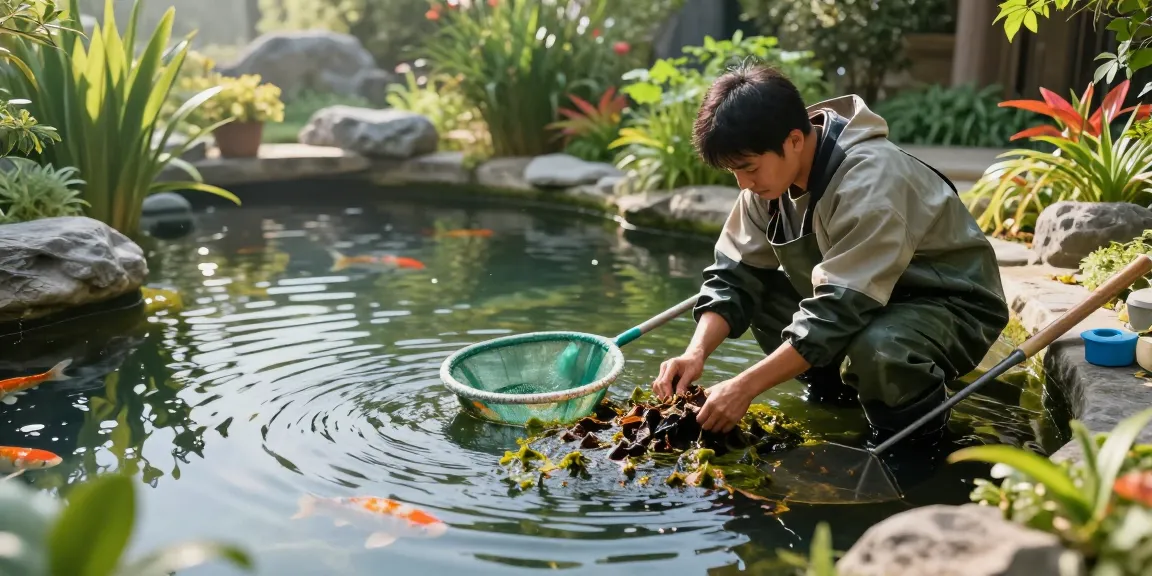 Pond Cleaning Surrey professional cleaning a serene garden pond, ensuring clear water and healthy environment.