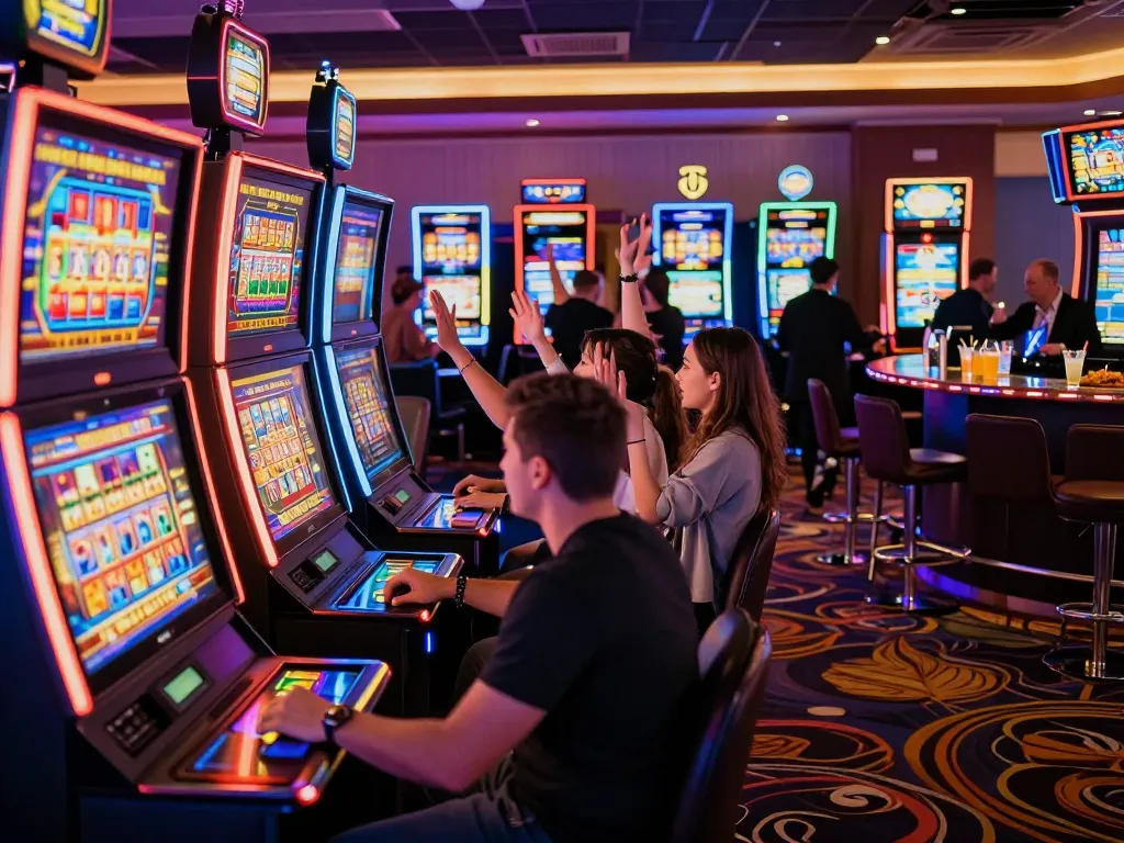 Pemain menikmati mesin link slot dalam suasana kasino yang semarak.