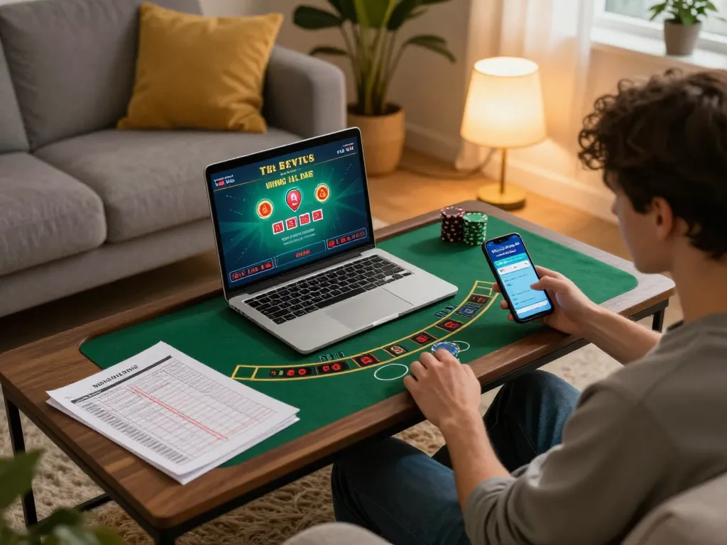 An engaged user strategizing at home while playing blackjack on https://n188.build/, showcasing online gambling's thrill.