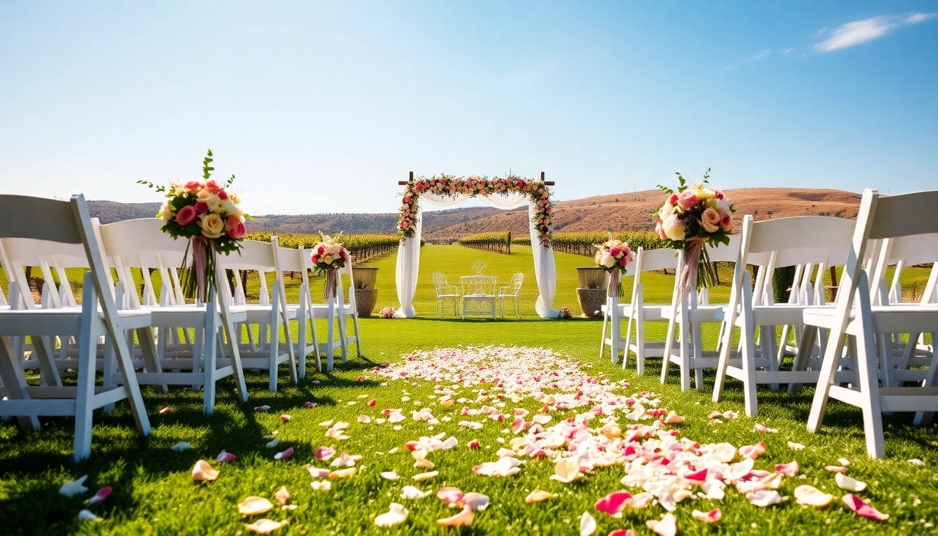 Elegant setup of Clarksburg wedding venues featuring floral decorations and rolling hills.