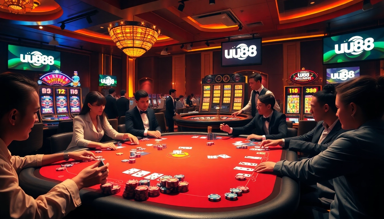 Experience exciting gameplay at uu88's vibrant casino with poker tables and slot machines.
