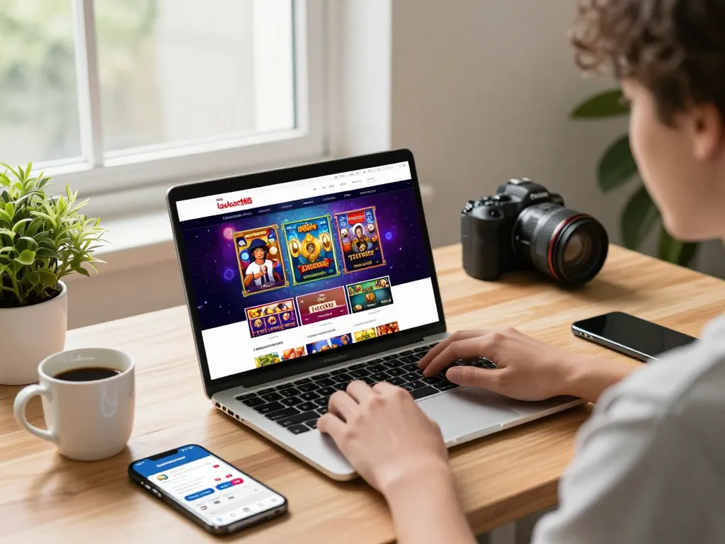 Pelanggan menjelajahi situs web laoban188 untuk permainan slot online di ruang kerja yang nyaman.