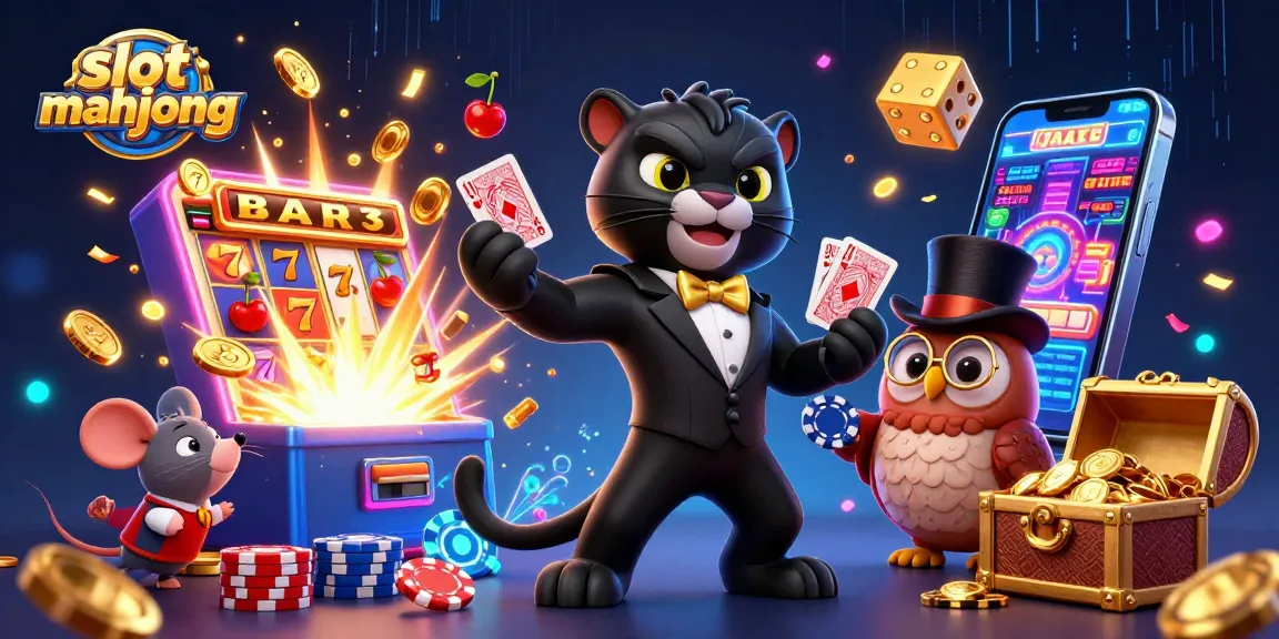 Engage with slot mahjong excitement as cartoon characters deal cards and celebrate wins amidst vibrant casino elements.