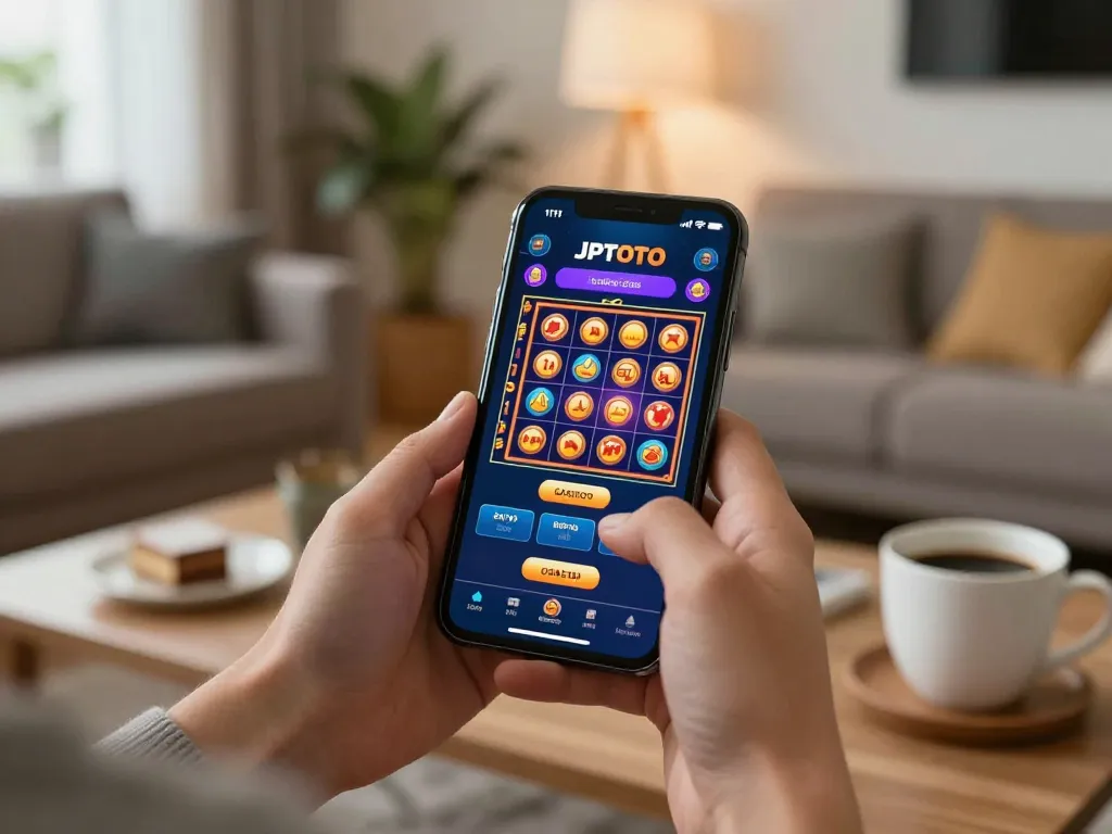 Engaging with JPTOTO's mobile casino app for exciting slot gameplay in a cozy home setting.