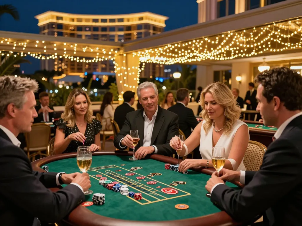 Guests strategizing around the casino terrace during a lively game night with depo 1k bets.