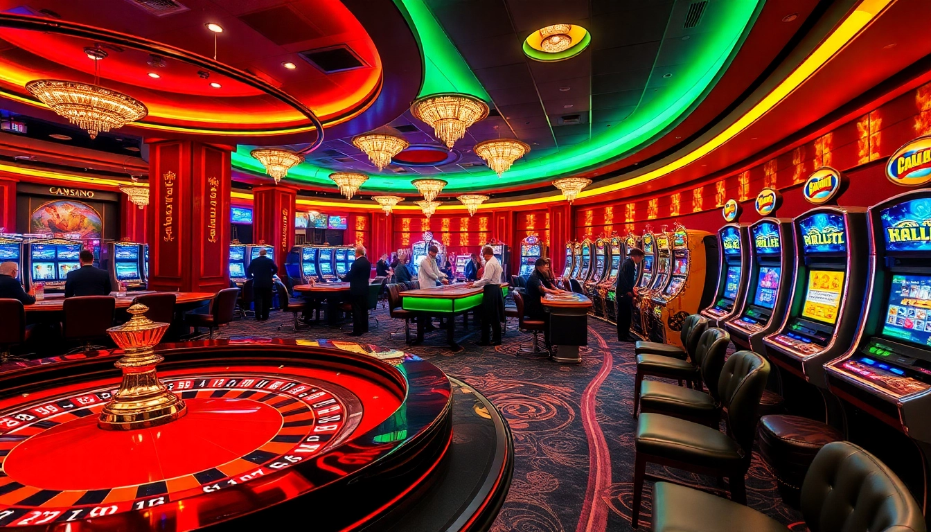 Experience high-stakes gaming at 98win with a vibrant casino atmosphere showcasing roulette and slot machines.