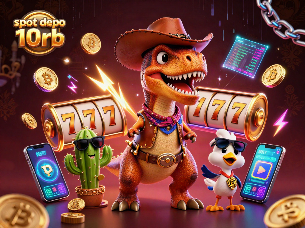 Experience thrilling slot depo 10rb action with a 3D cartoon cowboy dinosaur and dynamic casino elements.