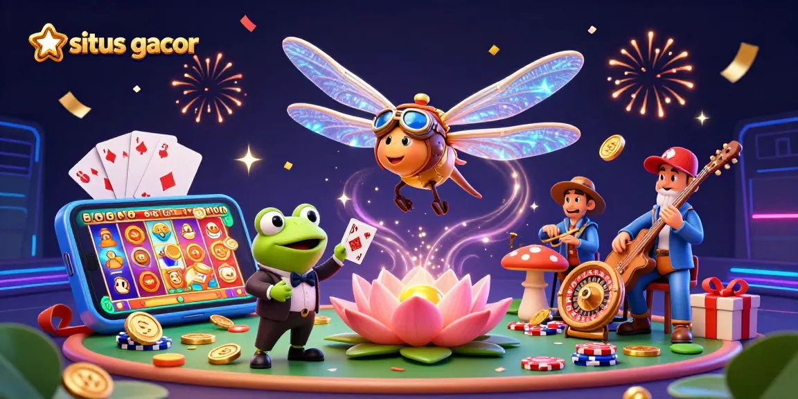 Situs gacor showcases a vibrant casino scene with a dragonfly pilot, frog dealer, and jazz-playing crickets, enhancing gambling excitement.