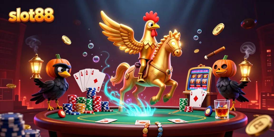 Permainan slot88 yang mengasyikkan dengan simbol keberuntungan dan suasana menguntungkan di kasino malam yang cerah.