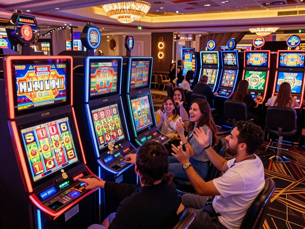 SLOT6000 players enjoying the excitement of colorful slot machines in a vibrant casino atmosphere