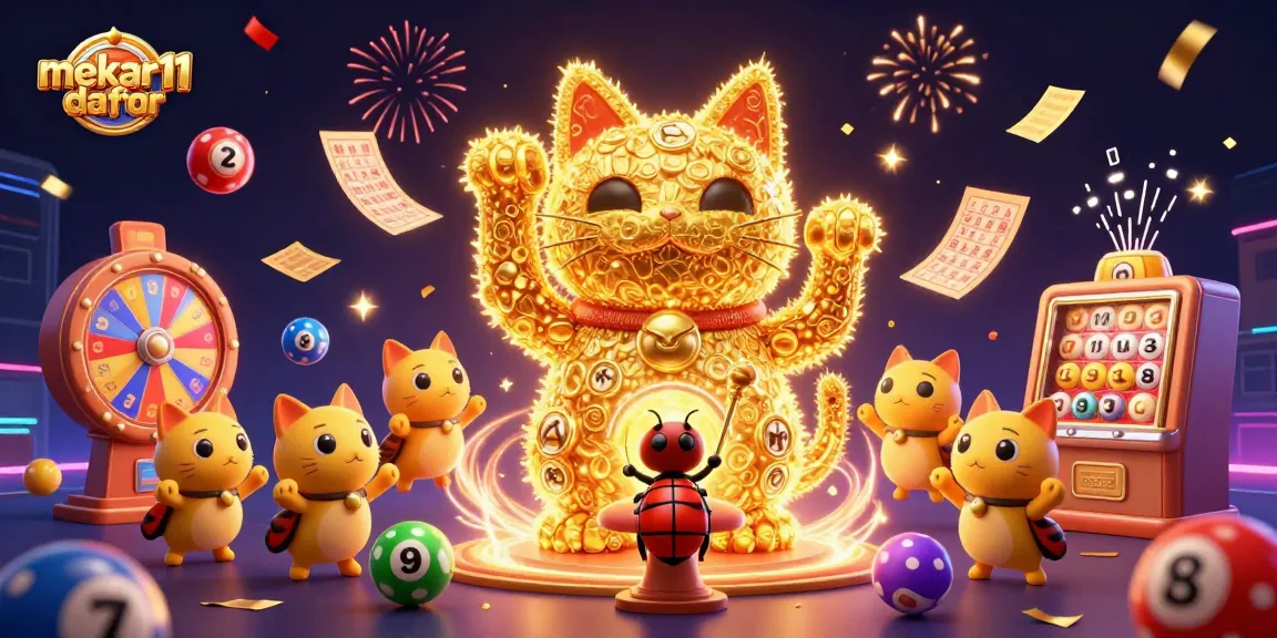 Experience the vibrant world of mekar11 daftar with dynamic lottery elements and a lucky cat in 3D illustration.