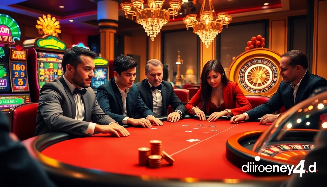 Players enjoy intense poker action at a luxurious casino featuring elements of dinamit4d.