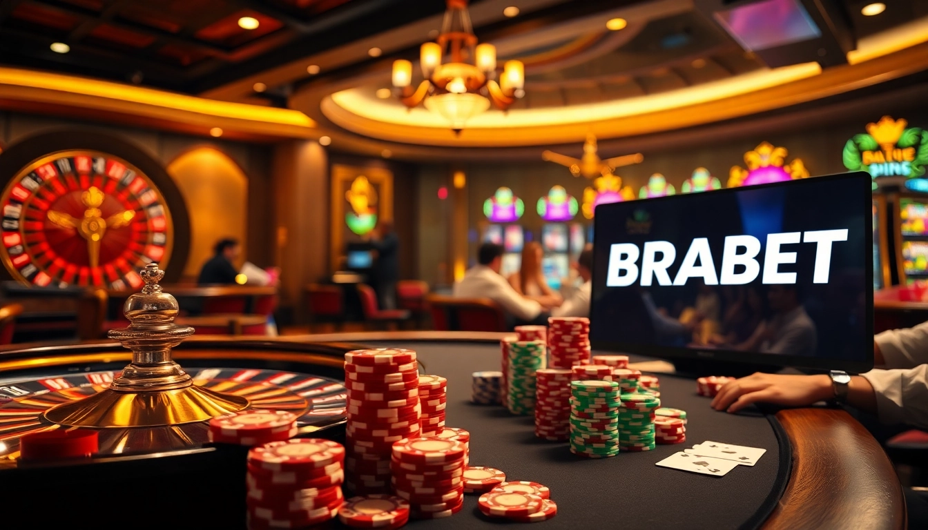 BRABET features an exciting poker table surrounded by vibrant gambling elements in a luxurious casino atmosphere.
