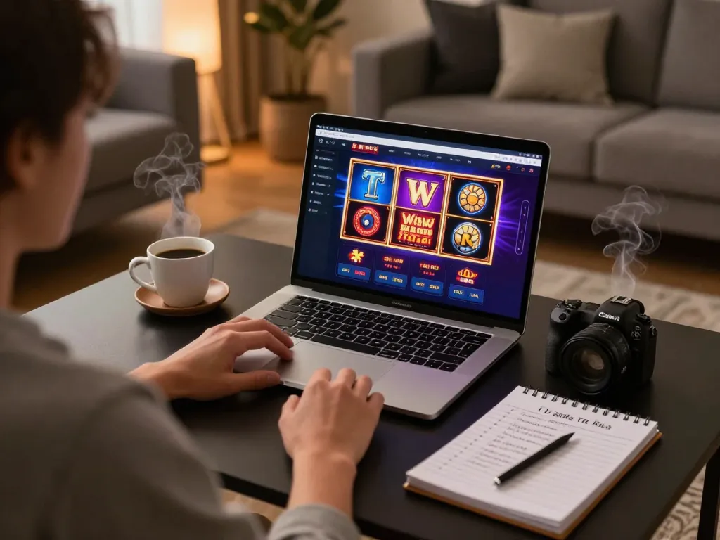 3Win player focusing on intense online poker game with cozy ambiance and betting notepad.
