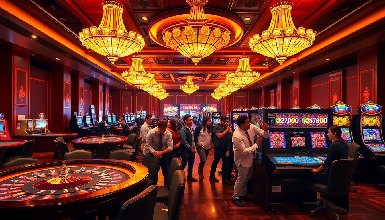 Excited players engage with slot machines at 6rwin55 com casino, showcasing vibrant gaming ambiance.