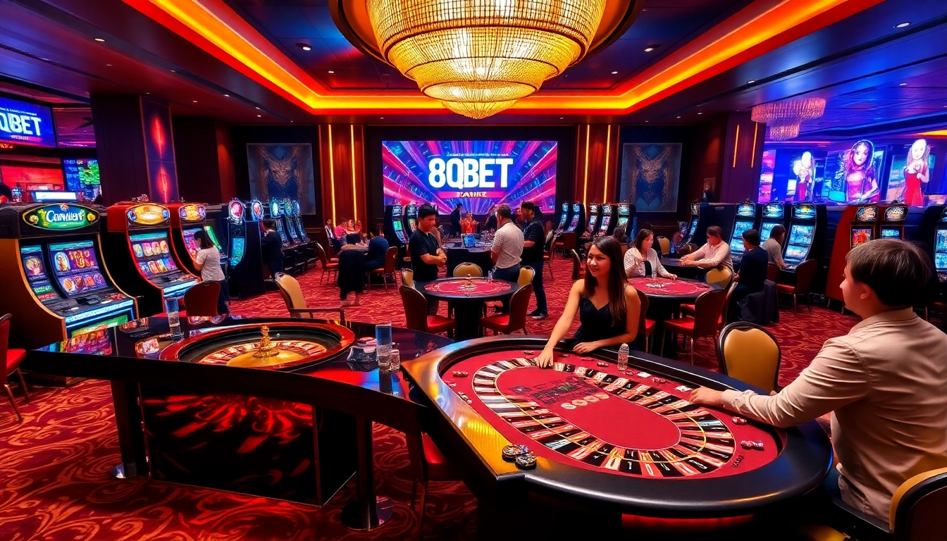 Exciting gambling moment at 8qbet casino with vibrant tables and players.