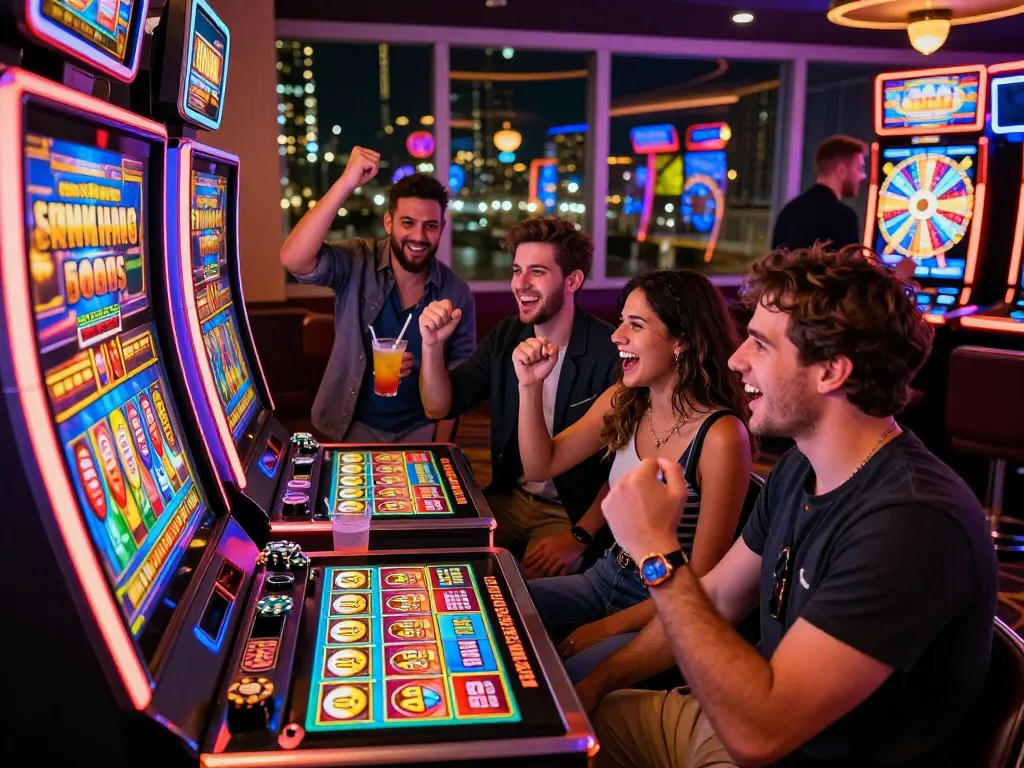 Group of friends enjoying a thrilling session at a link slot machine in a lively casino atmosphere.