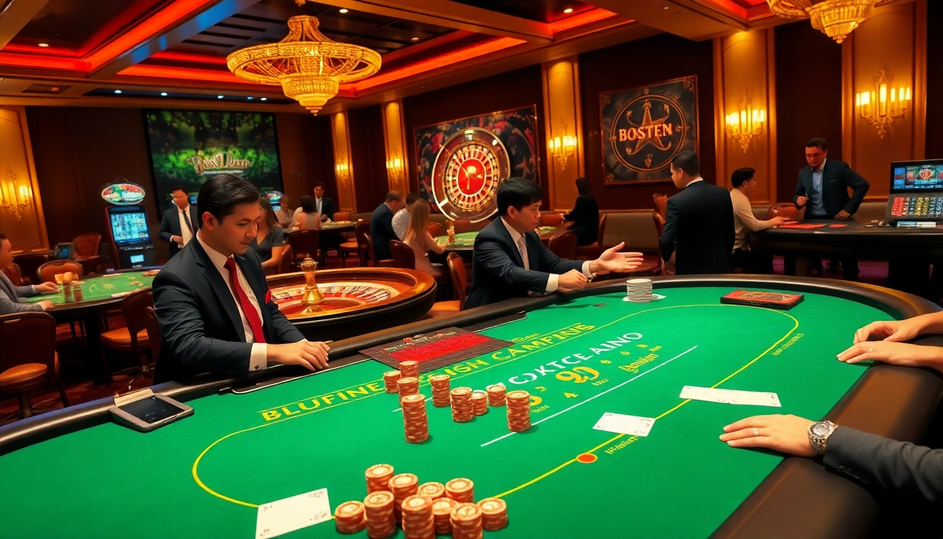 Players enjoying blackjack at a casino, showcasing 98win's vibrant atmosphere and excitement.