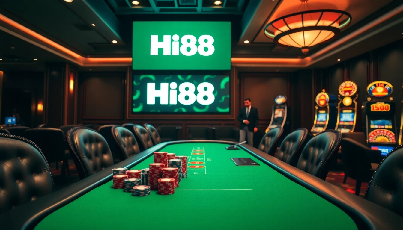 Experience thrilling gaming action at Hi88 with vibrant poker tables and exciting slot machines.