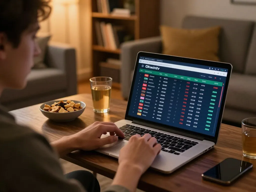 Okwintv user placing sports bets on a laptop in a cozy home setting, showcasing engagement with live scores.