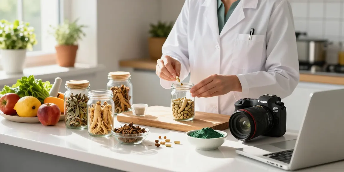 Health expert measuring made in Canada supplements with fresh herbs in a sunny kitchen.