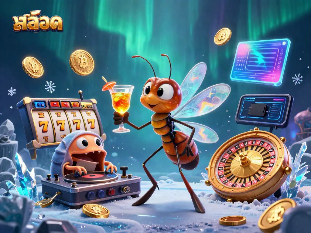 Engaging scene of สล็อต with a frozen-in-amber mosquito casino mascot and trilobite DJ in a vibrant casino setting.
