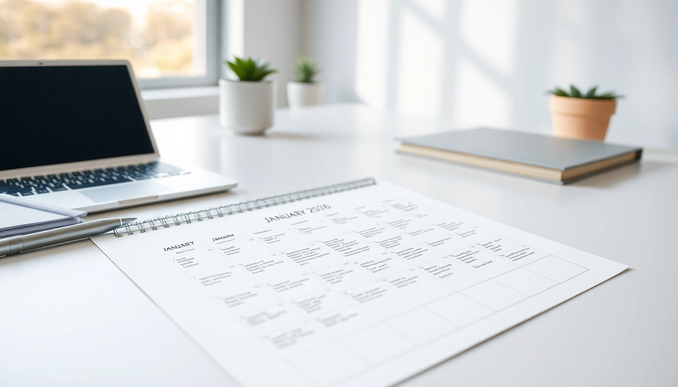 Downloadable 2026 calendar PDF showcased on a modern workspace.