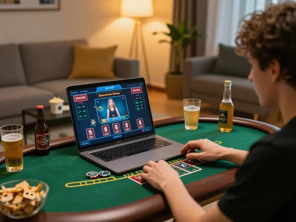 Engaging in a live dealer Baccarat game with EE88 on a laptop, showcasing a cozy home gaming setup.