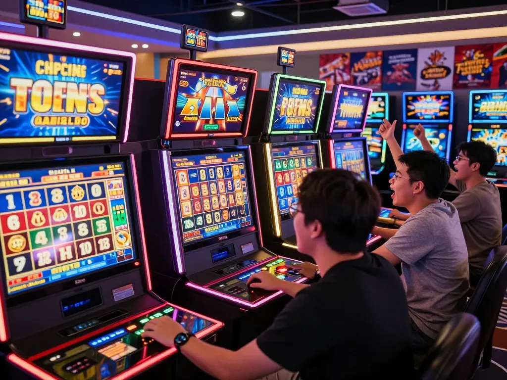 BAYITOTO Bandar Toto Online Terbaik dengan Pembayaran Cepat, showcasing thrilling players engaging with vibrant slot machines in a lively digital gaming environment.