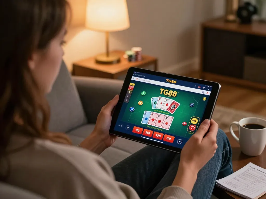 TG88 user engaging in online blackjack gameplay on a tablet, showcasing a cozy home gaming atmosphere.