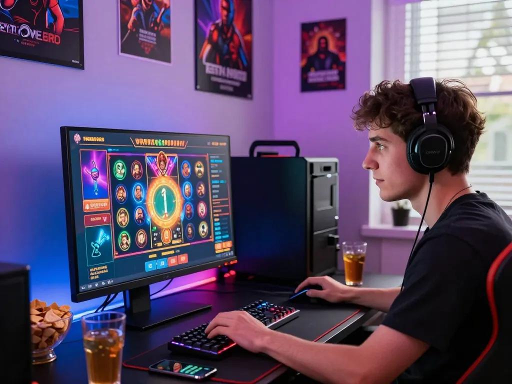 Engaged player on popotogel enjoying an exciting slot game in a vibrant gaming room.