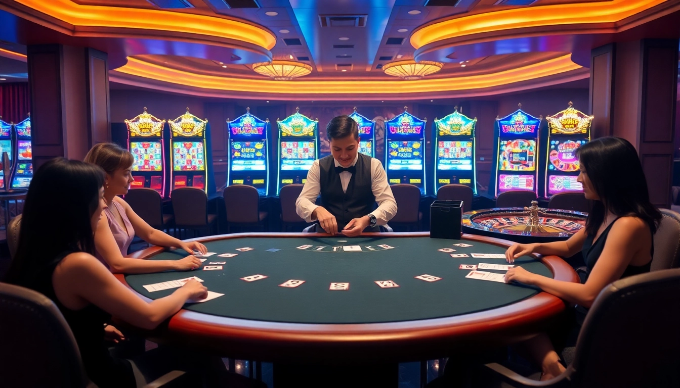 Engaging players at nhà cái u888 casino table, showcasing poker excitement and vibrant slot machines.