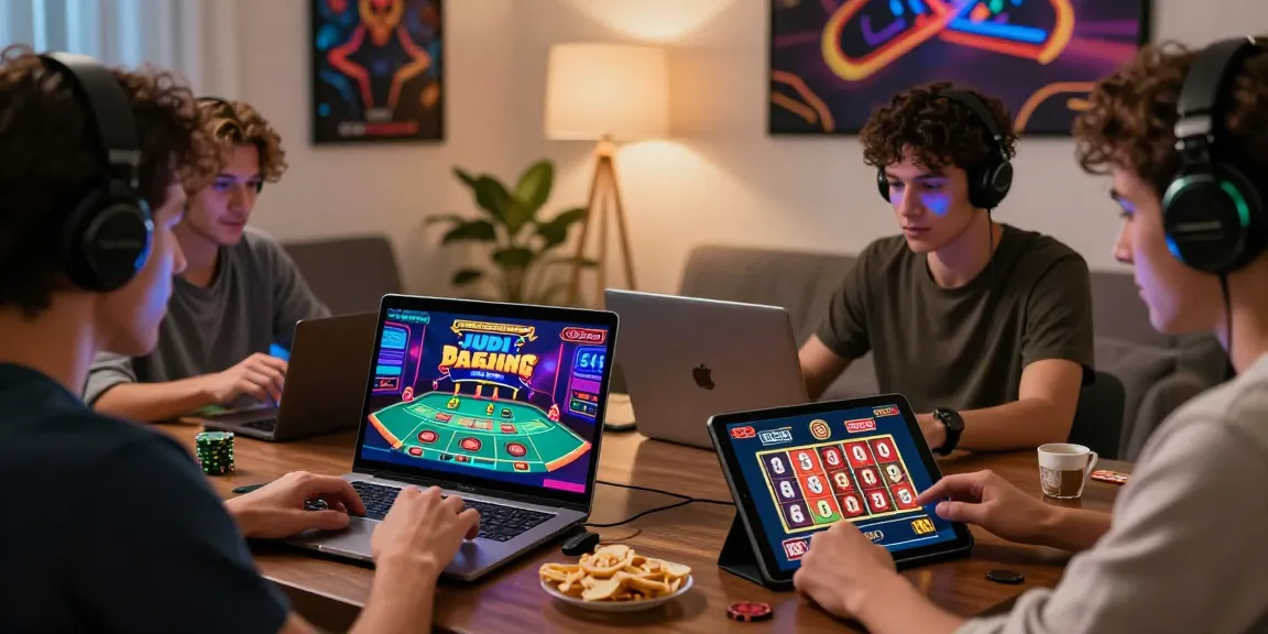 Engaged players enjoying judi casino online games on various devices in a cozy environment.
