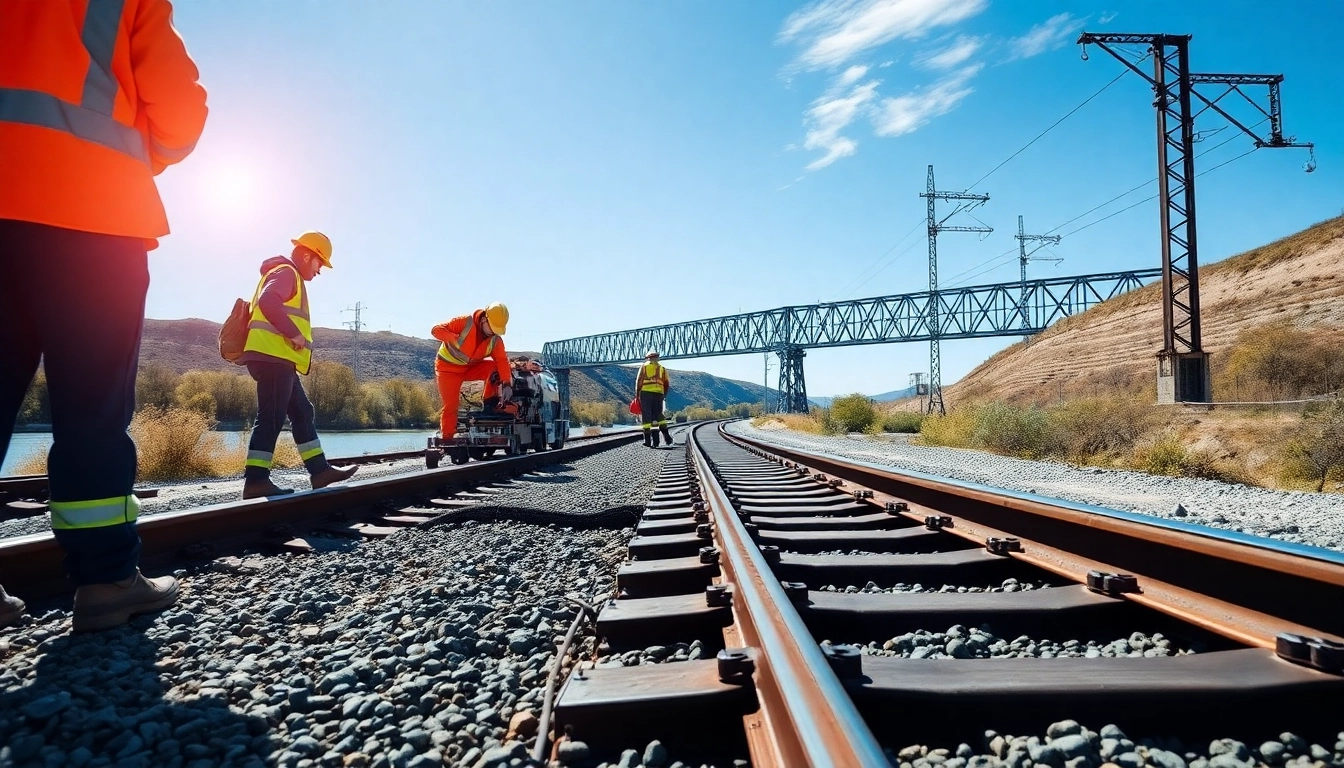 Workers performing Emergency Railroad Repair Services on damaged tracks, emphasizing efficiency and teamwork.