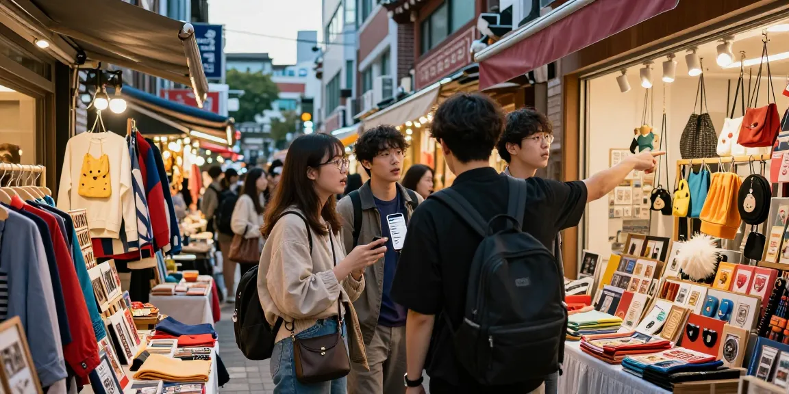 Diverse group exploring a vibrant marketplace in Seoul, showcasing local fashion and trendy shops while searching for information on businesses.