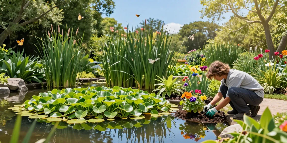 Buy Marginal Pond Plants while enjoying a tranquil garden scene with lush foliage and vibrant flowers.