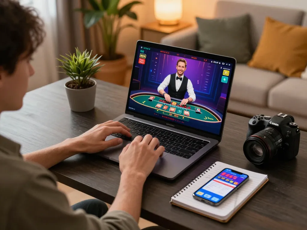 Engaging in open88 online gaming, player enjoying live dealer game at home with strategic notes.