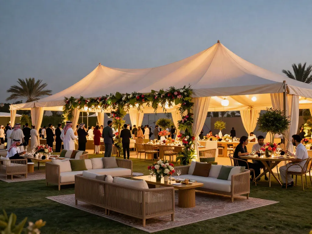 Event rental ksa setup with luxurious tents and décor for a wedding in Saudi Arabia.