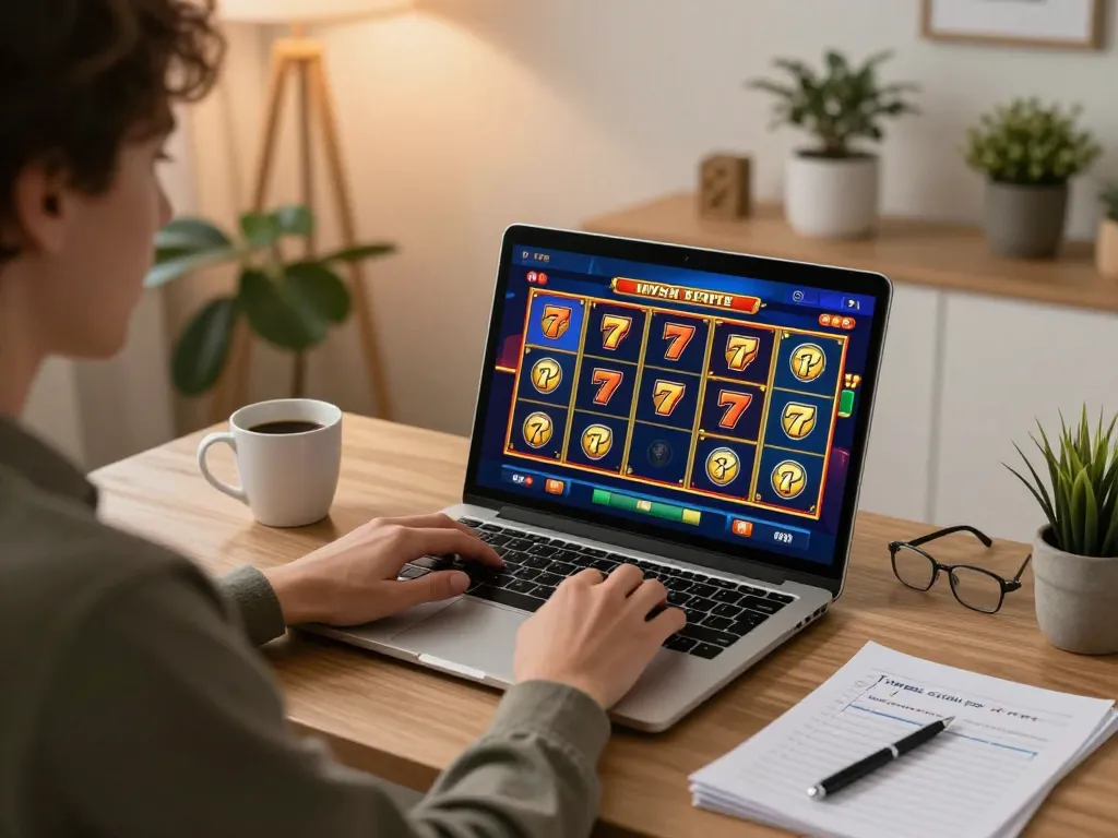 Player enjoying slot 777 games on a laptop in a stylish home setup, showcasing responsible online gaming