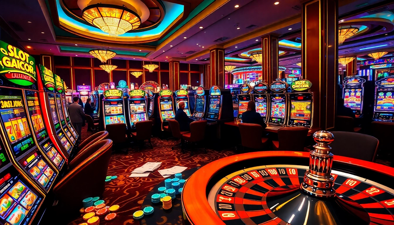 Experience the thrill of SLOT GACOR with players celebrating wins at glowing casino machines.