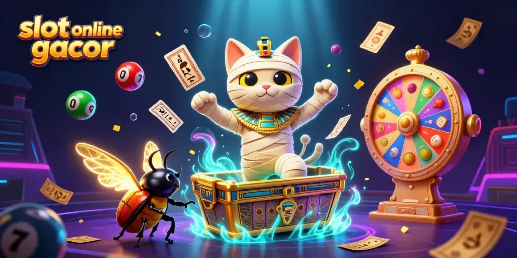Experience slot online gacor with a cartoon mummy cat in a vibrant casino scene full of bonuses and excitement.