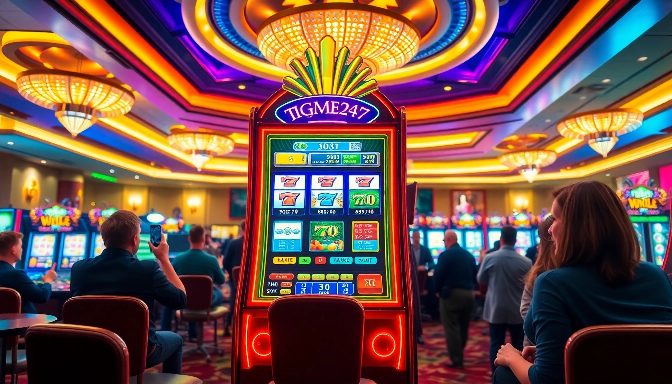 Permainan igamble247 slot yang menyenangkan dengan lampu berkilauan dan suasana kasino yang mewah.
