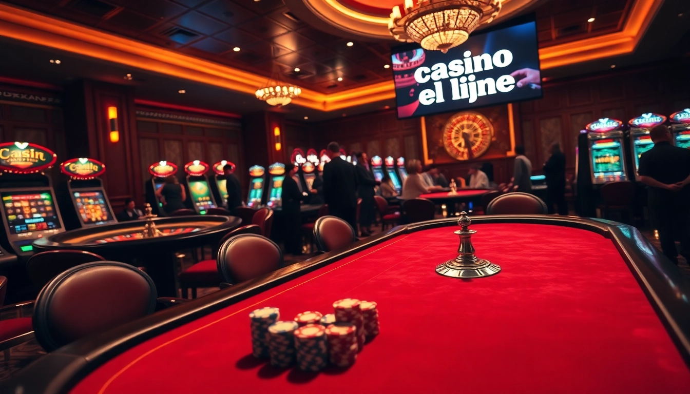 Scène de casino en ligne excitante avec une table de poker élégante et une atmosphère vibrante.