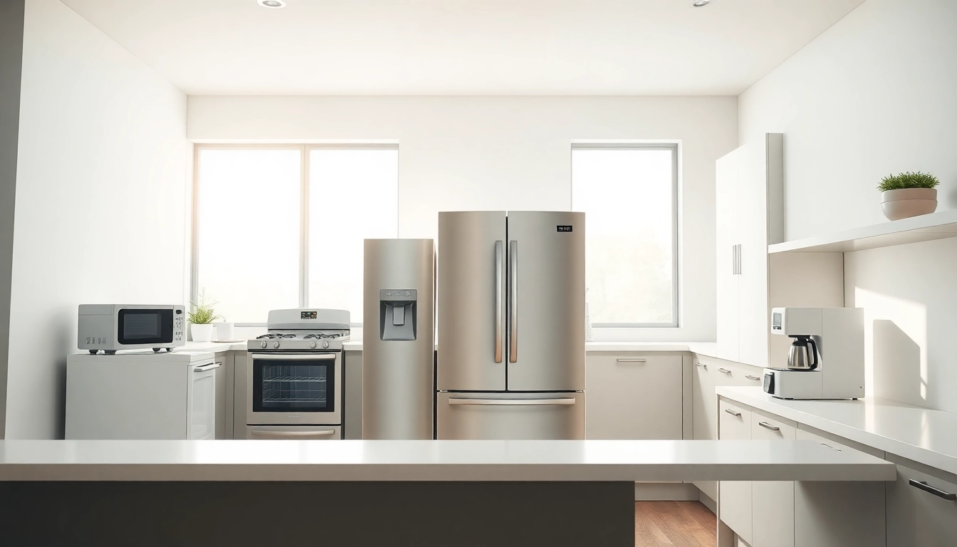 Showcase of home appliances in a modern kitchen, highlighting sleek design and functionality.