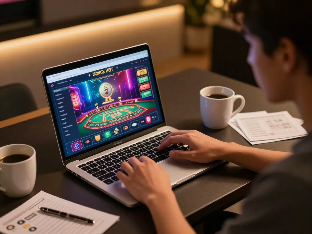 Nk88 player engaging in strategic gameplay with casino app on laptop, cozy atmosphere and notes.