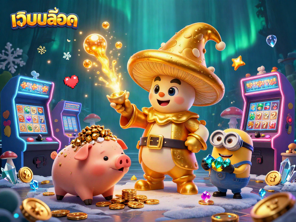 Experience the enchanting world of เว็บสล็อต with this interactive golden mushroom wizard and treasure-filled scene.