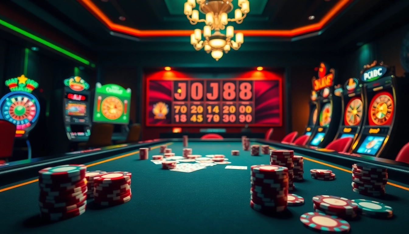 Experience the thrill of DH88 with luxury casino tables and vibrant gambling elements.