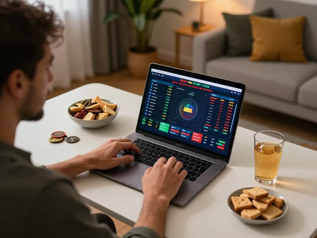 tv88 player analyzing sports betting data on a laptop, showcasing an engaging at-home gambling atmosphere